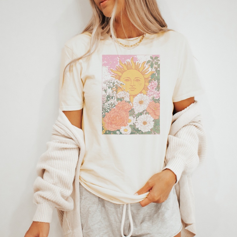 Celestial Sun Face Floral Graphic Tee Botanical Retro Art